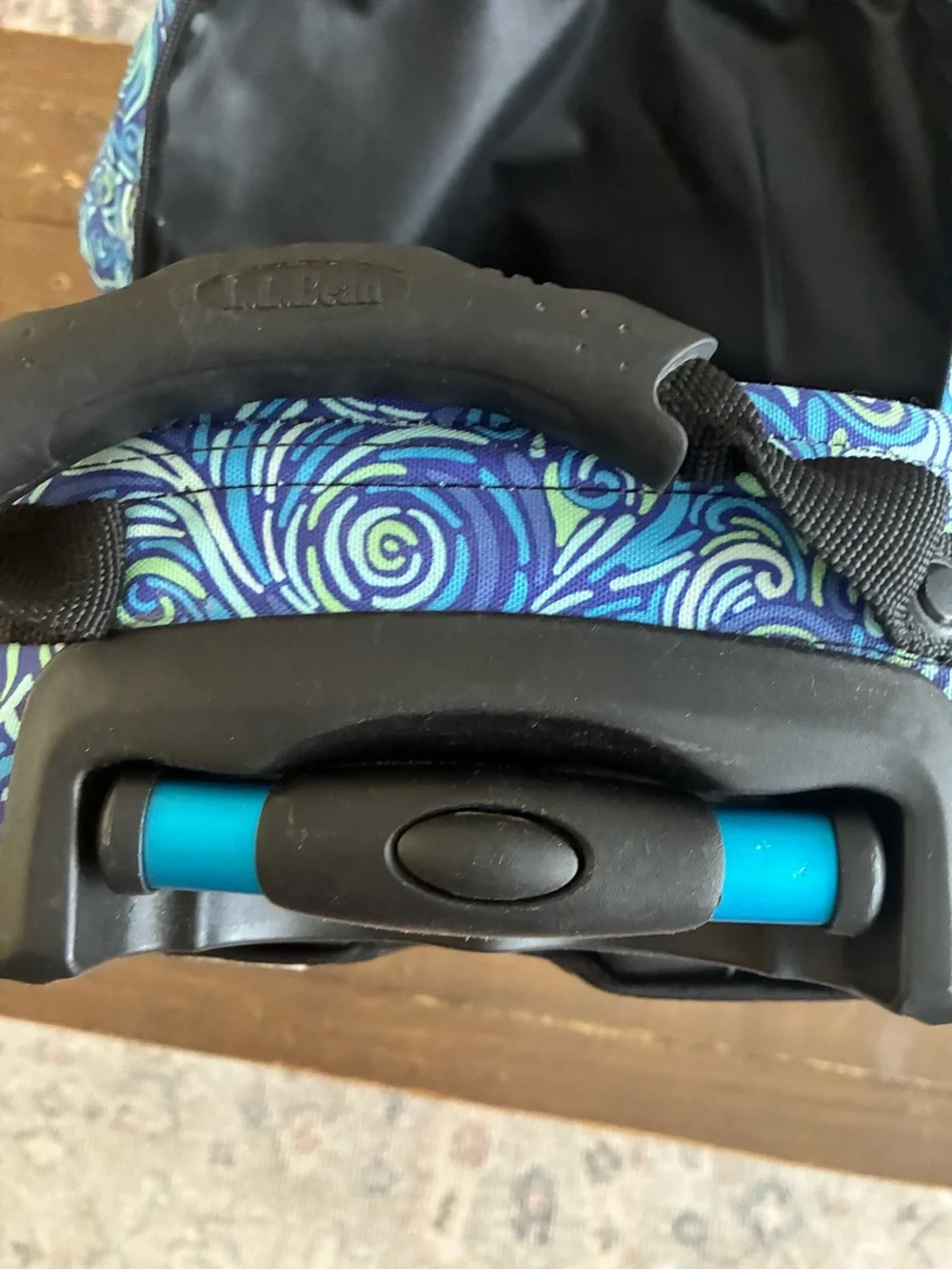 L.L. Bean Blue and Teal Swirl Pattern Rolling Backpack